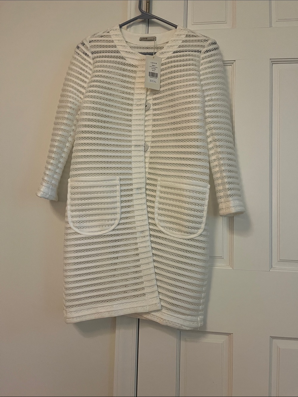 Classic White Open-Weave Coat with Patch Pockets